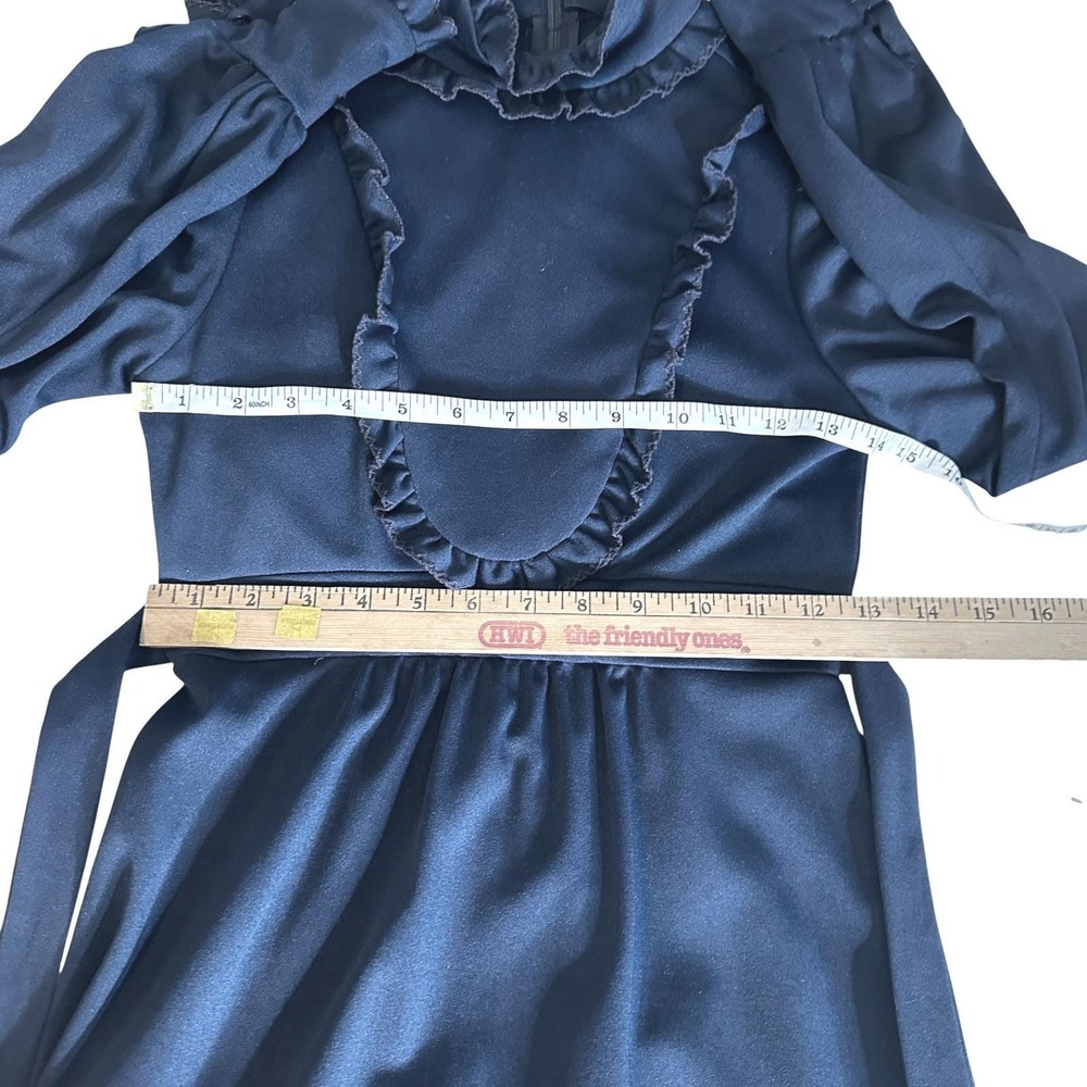 Vintage 70s Navy Blue Ruffle High Neck Maxi Dress Prairie Victorian Size XS - Picture 5 of 8